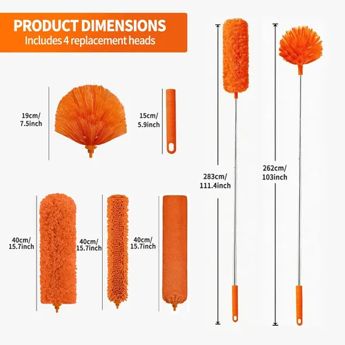 Vista 2 de Plumero de Telarañas con Poste de Extensión, Limpiador para Exteriores de 110 Pulgadas Telescópico Extendido Cepillo Araña, Kit de Limpieza, Mango