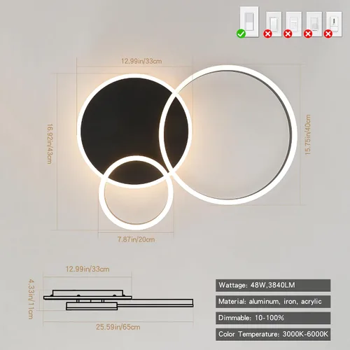 Vista 5 de O'NEELDY Moderna lámpara de techo LED regulable de montaje empotrado con control remoto de anillo de acrílico, 48W 3000K-6000K ajustable, lámpara