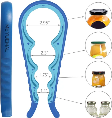 Vista 2 de MEYUEWAL Abrelatas 5 en 1 multifuncional con mango de silicona para botellas, frascos y latas, fácil de usar para niños, ancianos y enfermos de Azul