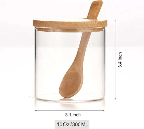 Vista 6 de Tarro de vidrio transparente de 10.1 fl oz/10 onzas con tapa de bambú y cuchara de madera, lindo recipiente de almacenamiento de sal de baño