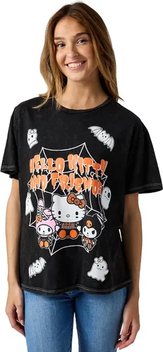 Vista 4 de Hello Kitty Halloween Spiderweb Ghosts and Bats - Camiseta para mujer en lavado mineral negro