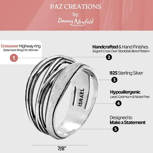 Vista 3 de Paz Creations - Anillo de plata de ley 925 para mujer, diseño artesanal hecho a mano, chapado en plataoro