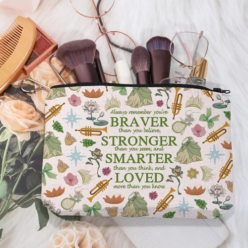 Vista 2 de MEIKIUP Bolsa de maquillaje de rana, bolsas de cosméticos de viaje de rana, eres más valiente más fuerte de lo que piensas bolsa con cremallera