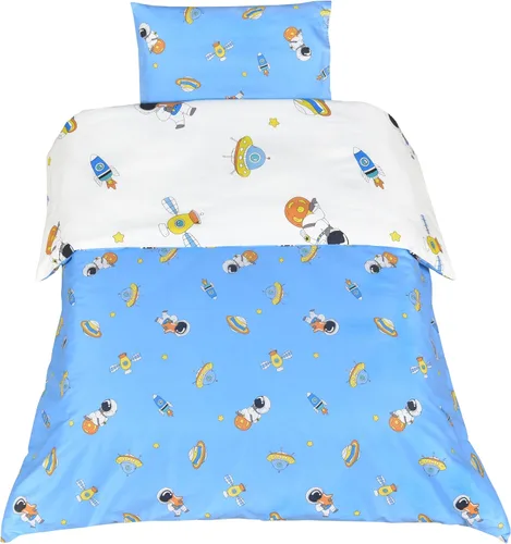 Vista 3 de MEJU Juego de funda de edredón 100% algodón de astronauta, satélite espacial y planeta, cohete azul, 43 x 59 pulgadas + funda de almohada de 13 x 19