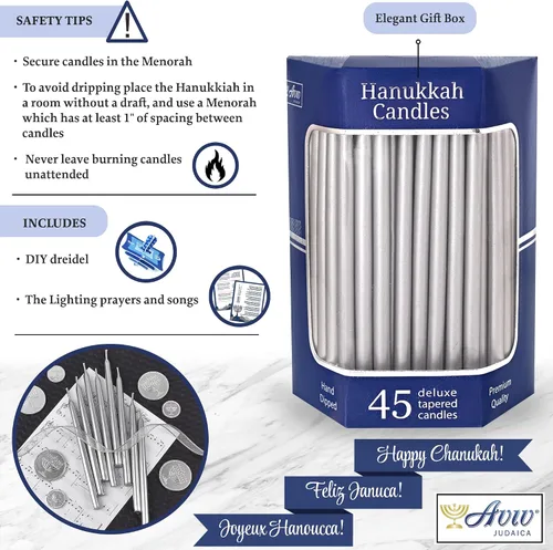 Vista 4 de Juego de 45 velas metálicas de Hanukkah metálicas de alta calidad, sin goteo, juego de 45 velas decorativas de Janucá para menorás estándar, Dreidel