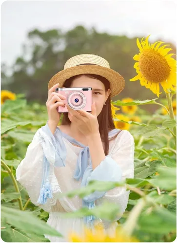 Vista 3 de Bonita cámara digital rosa para niños y adolescentes - Cámara de vlogging para principiantes 4K con pantalla abatible, enfoque automático, fotos