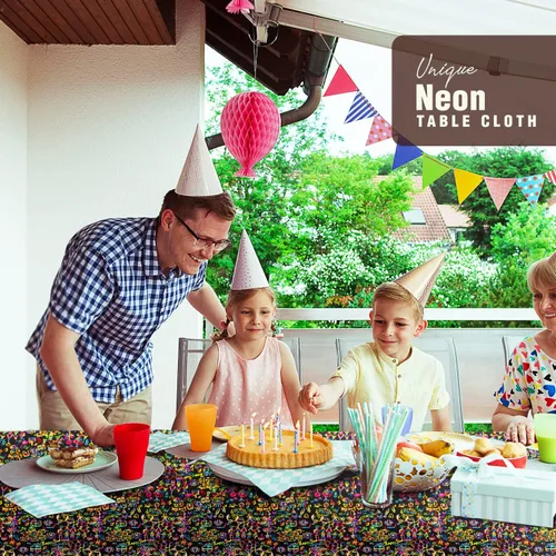 Vista 6 de Happy Birthday Neon Party Table Cover Suministros Decoración Plástico Desechable 108X54 Pulgadas