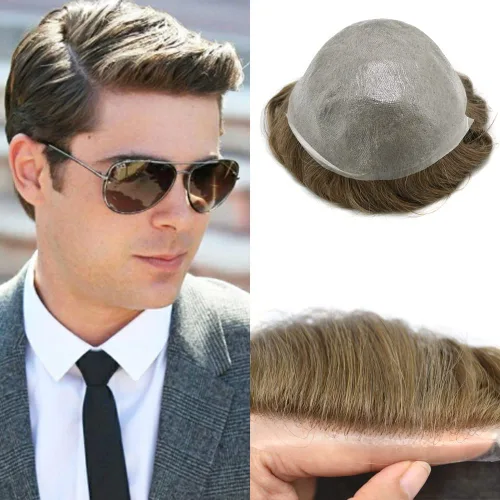 Vista 13 de Tupé para hombre, pieza de cabello humano real, sistema de reemplazo para hombres, piel ultrafina, para hombre, línea capilar natural, tupé para 17#