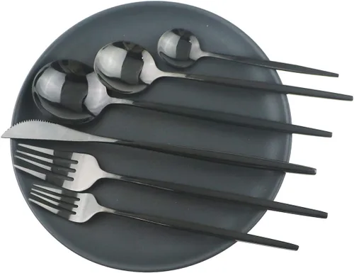 Vista 3 de Juego de cubiertos de 10 piezas – Utensilios de acero inoxidable 304 negro, tenedores, cucharas, cuchillos – Cubertería pulido espejo para 2