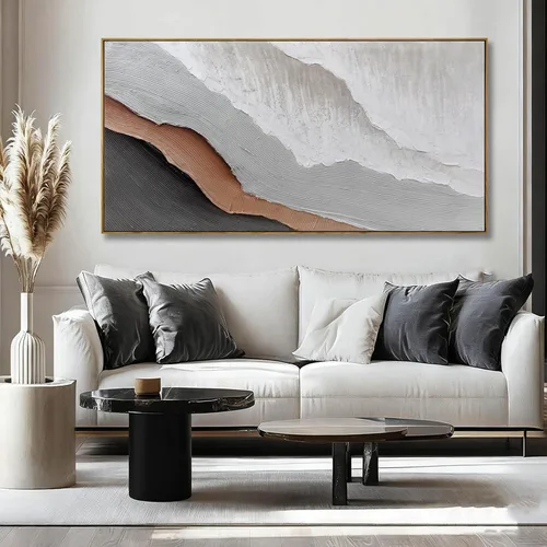 Vista 6 de Arte de pared blanco texturizado, arte abstracto gris, imágenes modernas enmarcadas grandes, pintura al óleo de paisaje ondulado, 24 x 48 pulgadas