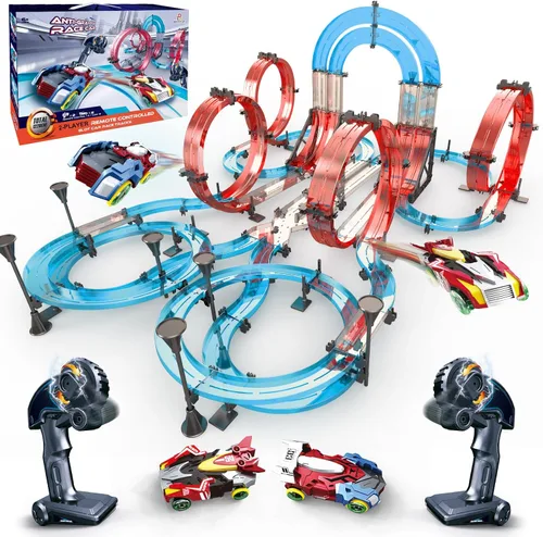 Vista 8 de Juegos de pistas de carreras de coches de ranura eléctrico a control remoto para niños, juego de carreras eléctrico recargable con controladores