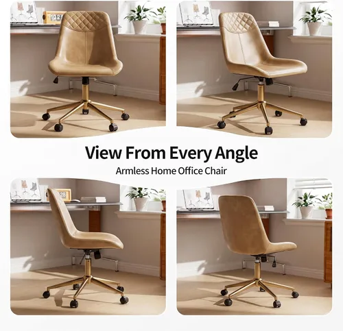 Vista 9 de DUHOME Silla de oficina de cuero PU con ruedas Silla de escritorio de Camel con base dorada