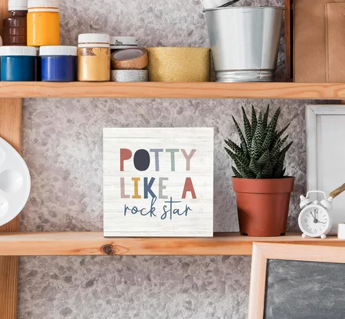 Vista 4 de SRADMO Letrero de madera con texto en inglés "Potty Like a Rock Star, decoración de escritorio, divertida caja de bloques de madera para baño