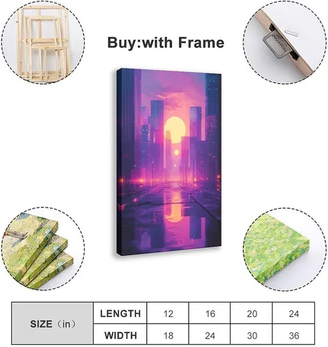Vista 2 de Synthwave Aesthetic Wall Print – Vaporwave Inspired Urban Art, Purple & Orange Neon Poster for Modern Home Decor Vintage Wall Decoration Famous Oil