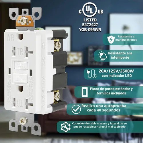 Vista 2 de ANKO - Salida GFCI de 20 amperios, listada UL, indicador LED, receptáculo resistente a manipulaciones y a la intemperie para uso en interiores