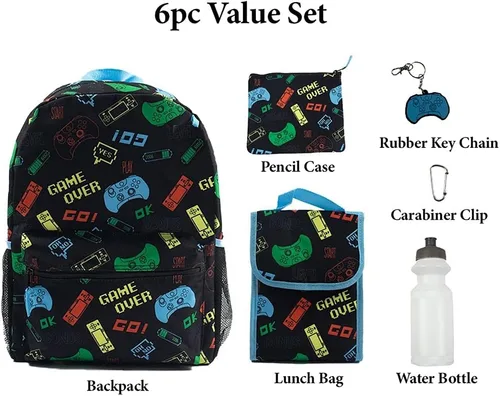 Vista 2 de RALME Juego de mochila para niños, 16 pulgadas, 6 piezas, incluye bolsa de almuerzo plegable, botella de agua, llavero y estuche para lápices