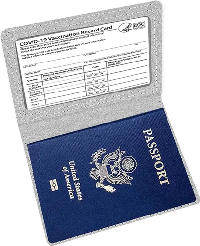 Vista 3 de Combo de soporte para pasaporte, pasaporte y tarjetero de vacunación, Gris plateado + azul marino, piel sintética