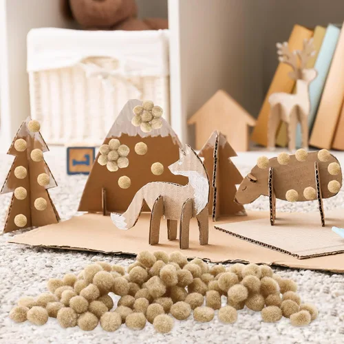 Vista 3 de Blulu 500 pompones de polipropileno de 0.5 pulgadas para hacer manualidades, pequeñas bolas de pompones para decoración de manualidades (beige)