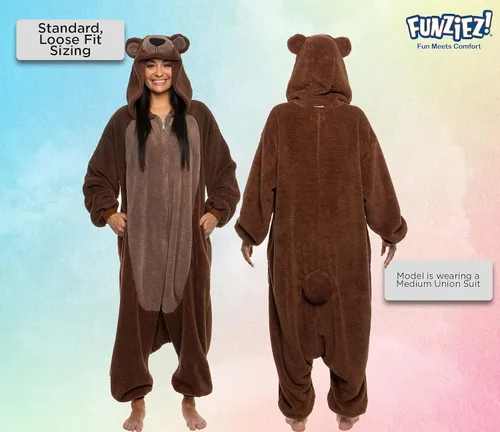 Vista 3 de Sherpa Bear Adult Onesie - Animal Halloween Costume - Plush Teddy One Piece Cosplay Suit for Adults, Women and Men FUNZIEZ!