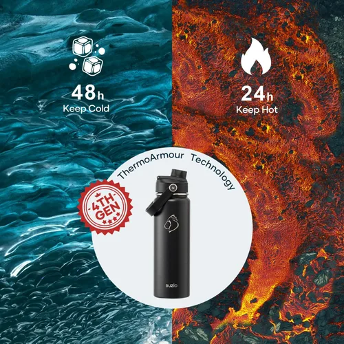 Vista 2 de BUZIO Botella de agua aislada de 24 oz, frasco de agua de boca ancha de acero inoxidable con tapa de pajita, frío durante 48 horas a prueba de Negro