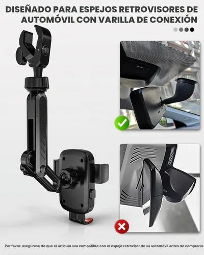 Vista 4 de IPOW Soporte de teléfono para espejo retrovisor para automóvil giratorio de 360° y retráctil, soporte de teléfono de automóvil con abrazadera