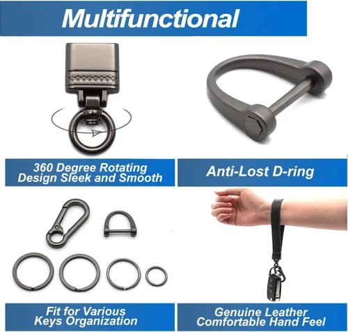 Vista 4 de Llavero de cuero genuino para hombre y mujer, giratorio de 360 grados, con anillo en D antipérdida, clip de mosquetón y 4 llaveros, oscuro y negro