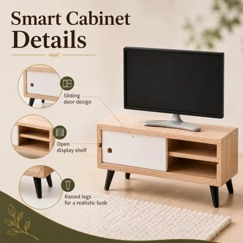 Vista 3 de NUOBESTY Mueble de TV y madera para casa de muñecas, monitor de juguete realista a escala 1/12, soporte de TV en miniatura moderno para casa