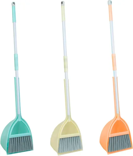 Vista 2 de Mini Escoba con Palita - Pequeño Juego de Limpieza para el Hogar, Ideal para Cocina, Baño, Nido de Mascotas, Barco (Set de 3, Azul+Naranja+Amarillo)