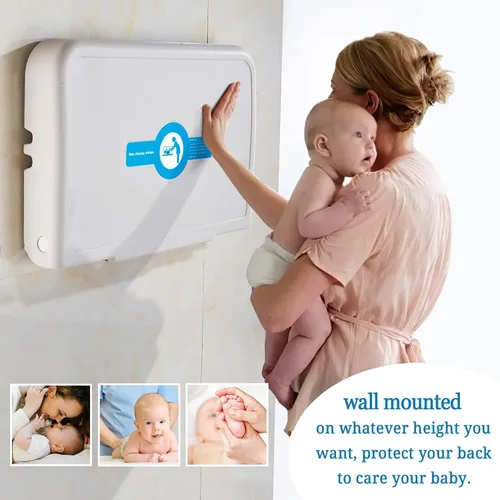 Vista 3 de Cambiador de bebé montado en la pared, cambiador de bebé con correa Safrty, mesa plegable de HDPE para cambiar pañales, unidad de cambio de pañales