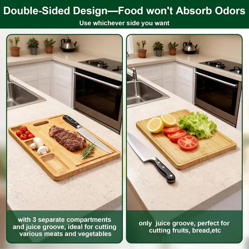 Vista 3 de Tablas de cortar para cocina – Tabla de cortar de bambú integrada con 3 compartimentos y ranuras para jugos – Bandeja de servir para carnes