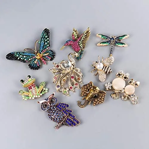 Vista 2 de Broche de cristal con diseño de búho, colibrí, mariposa, libélula, pavo real, rana, abeja, zoológico, reino mundial, para mujeres y niñas, abrigo