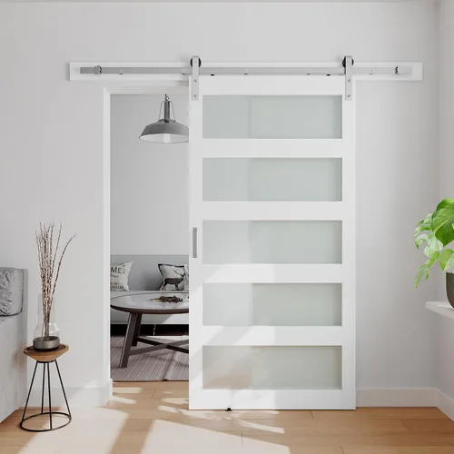 Vista 13 de Puerta corrediza de granero de vidrio de 5 paneles de 32 pulgadas x 84 pulgadas con kit de herrajes de 4 pies Blanco