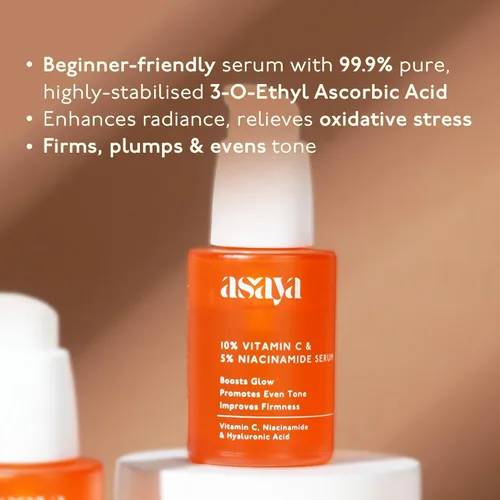Vista 3 de Asay@ Suero facial con vitamina C al 10% con 5% de niacinamida y ácido hialurónico, fórmula ligera y no pegajosa, para todo tipo de piel, uso