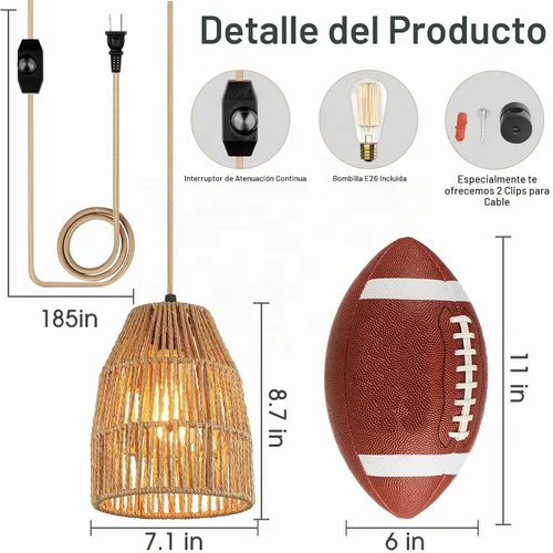 Vista 2 de Lámpara colgante enchufable, luces colgantes con cable de algodón dorado de 15 pies e interruptor de atenuación continuo, pantalla de cuerda