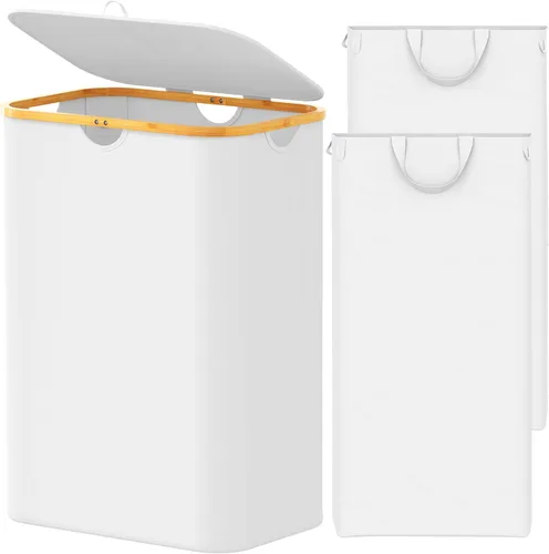 Vista 24 de SpaceAid Cesta de lavandería delgada con ruedas y tapa, cesta de ropa estrecha rodante de 62 litros con mango de bambú, canasta grande para ropa
