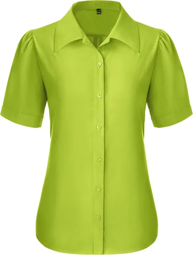 Vista 20 de Gleeivy Camisas de botones para mujer de manga corta abombada, camisas de vestir abotonadas con cuello ajustado, blusa superior de trabajo
