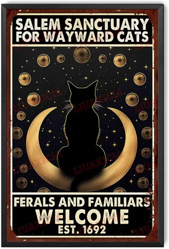 Vista 10 de Letrero de metal de hojalata Salem Sanctuary para gatos Wayward Ferals and Familiars, letrero de metal de hojalata para hombre, decoración de pub, 8