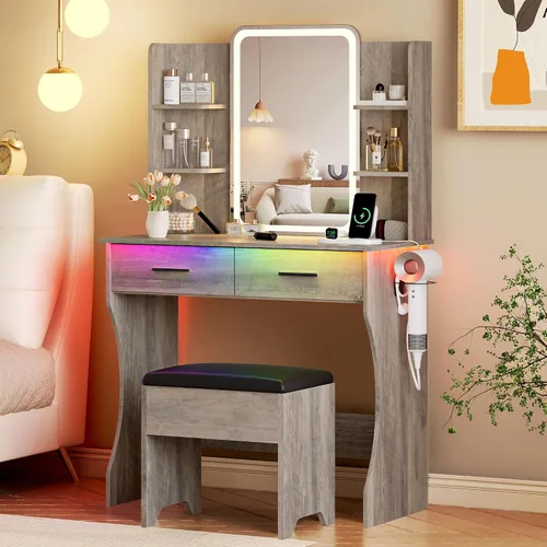 Vista 20 de Escritorio de tocador con espejo iluminado HD y luces, pequeño tocador de maquillaje acanalado con cajones y estantes de almacenamiento, juego