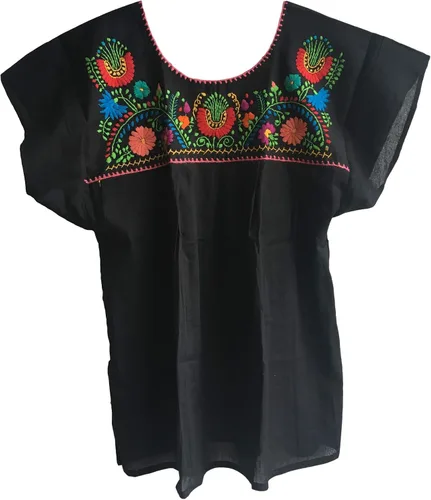 Vista 5 de Blusa Campesina Mexicana Floral - Blusa Tehuacán Bordada - Hecho a Mano en México - Blusa Campesina Poblana Mexicana - Negro