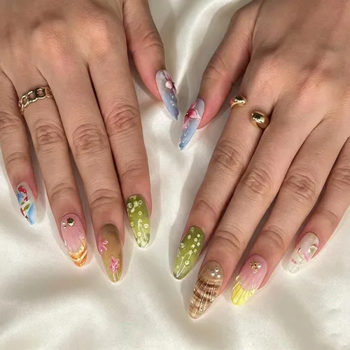 Vista 43 de Uñas postizas a presión de almendra, uñas postizas medianas con diseños de estampado francés de lámina dorada 3D, pegamento dorado Starlight en uñas