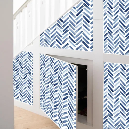 Vista 9 de Papel tapiz autoadhesivo para acuarela, color azul y blanco Papel pintado azul