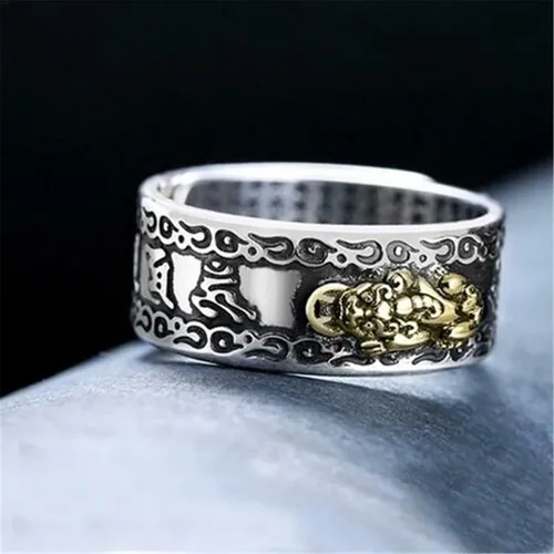 Vista 5 de BLUGY Anillos significativos y divertidos con dijes de Pixiu, anillo de Feng Shui, riqueza, joyería budista, anillo ajustable para hombres y mujeres