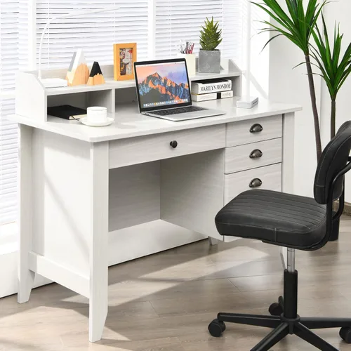 Vista 2 de Escritorio Tangkula en Blanco con 4 Cajones de Almacenamiento y Aparador, Escritorio Vintage para Computadora de Oficina en Casa, Mesa de Estudio