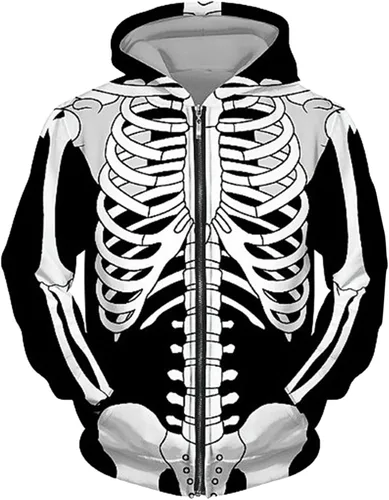 Vista 2 de Vickyleb Sudadera con capucha de Halloween para hombre, traje de 2 piezas con estampado de esqueleto, conjunto casual con capucha para Halloween