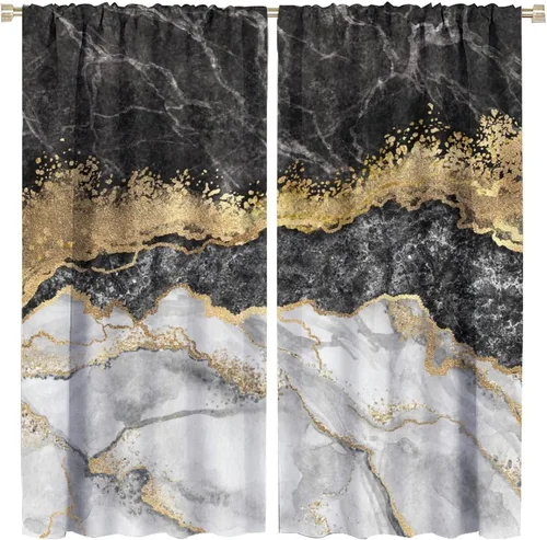 Vista 49 de Cortinas abstractas de mármol de lujo de lujo azul marino dorado a rayas con patrón de mármol estampado para dormitorio, sala de estar, cortinas