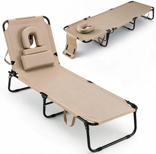 Vista 13 de GYMAX Silla de bronceado, silla de playa de 350 libras con agujero para la cara, almohada lavable y correa de transporte, tumbona plegable Ártico