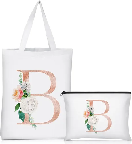 Vista 10 de Sanwuta 2 bolsas de lona con inicial, diseño floral con letras florales, bolsas de cosméticos de viaje, bolsas con monograma para mujer, mujer