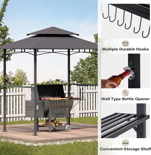 Vista 6 de LAUSAINT HOME Gazebo para parrilla al aire libre de 5 x 8 pies, kiosco para barbacoa con parte superior ventilada de 2 niveles, 2 estantes duraderos