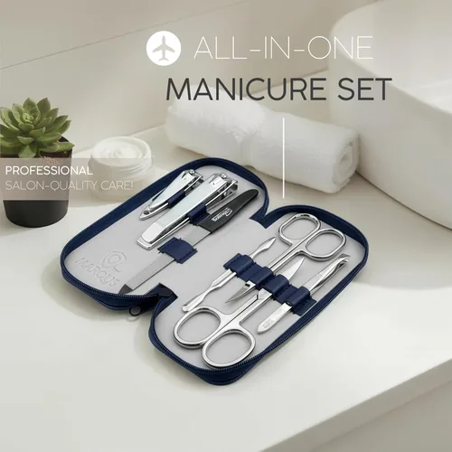 Vista 2 de Set de manicura Solingen hecho en Alemania - Juego exclusivo de 7 piezas de cortauñas para dedos de manos y pies para mujeres y hombres en estuche