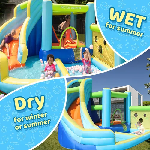 Vista 2 de Doctor Dolphin Tobogán acuático inflable, casa de rebote de agua para niños, casa de rebote de tobogán acuático para patio trasero, casa inflable